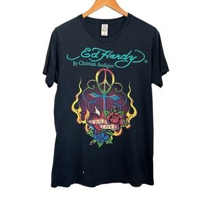Ed Hardy Mens Graphic T-shirt Sz Medium Blue Short Sleeve Cross True Love Heart